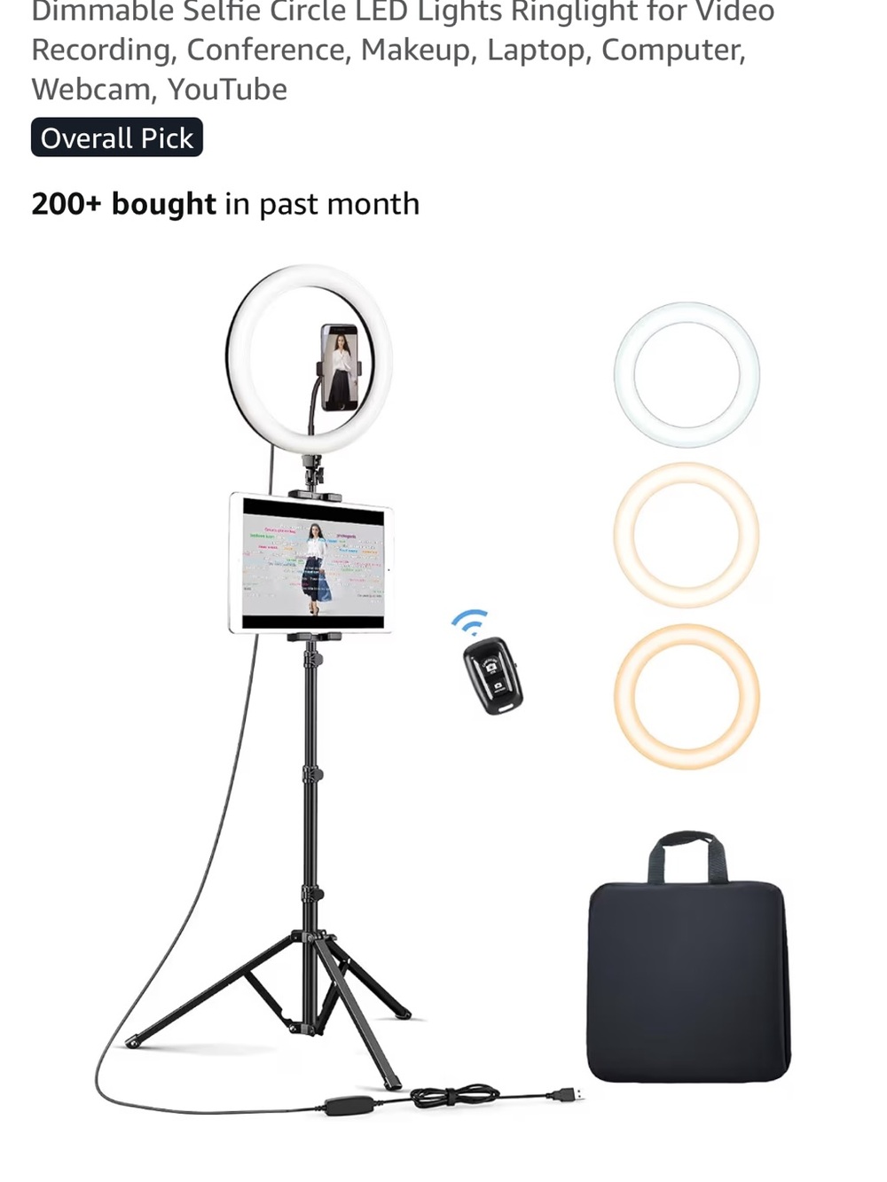 Extendable Tripod Stand with LED Ring Light and Tablet Holder - Black